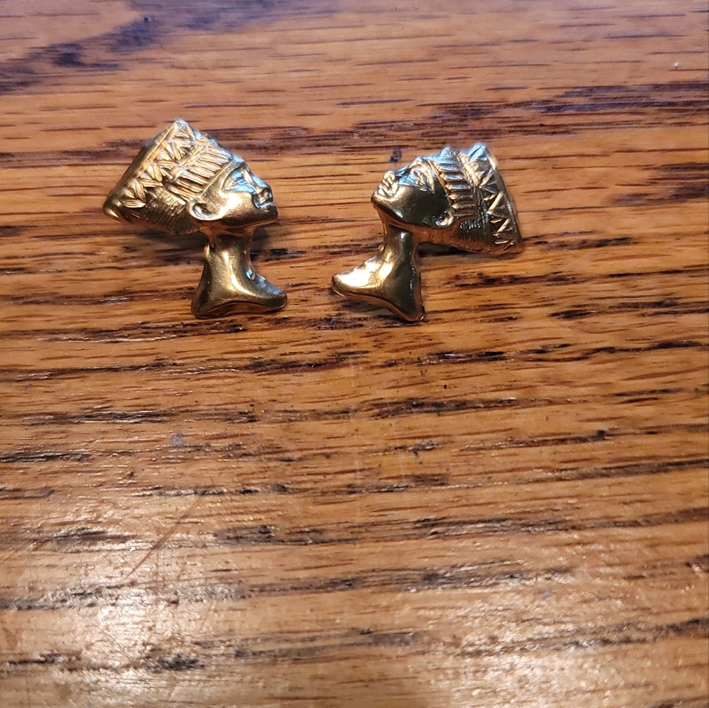 NWOT 10/14K Real Yellow Gold Queen African Nefertiti Stud Earrings Jewelry